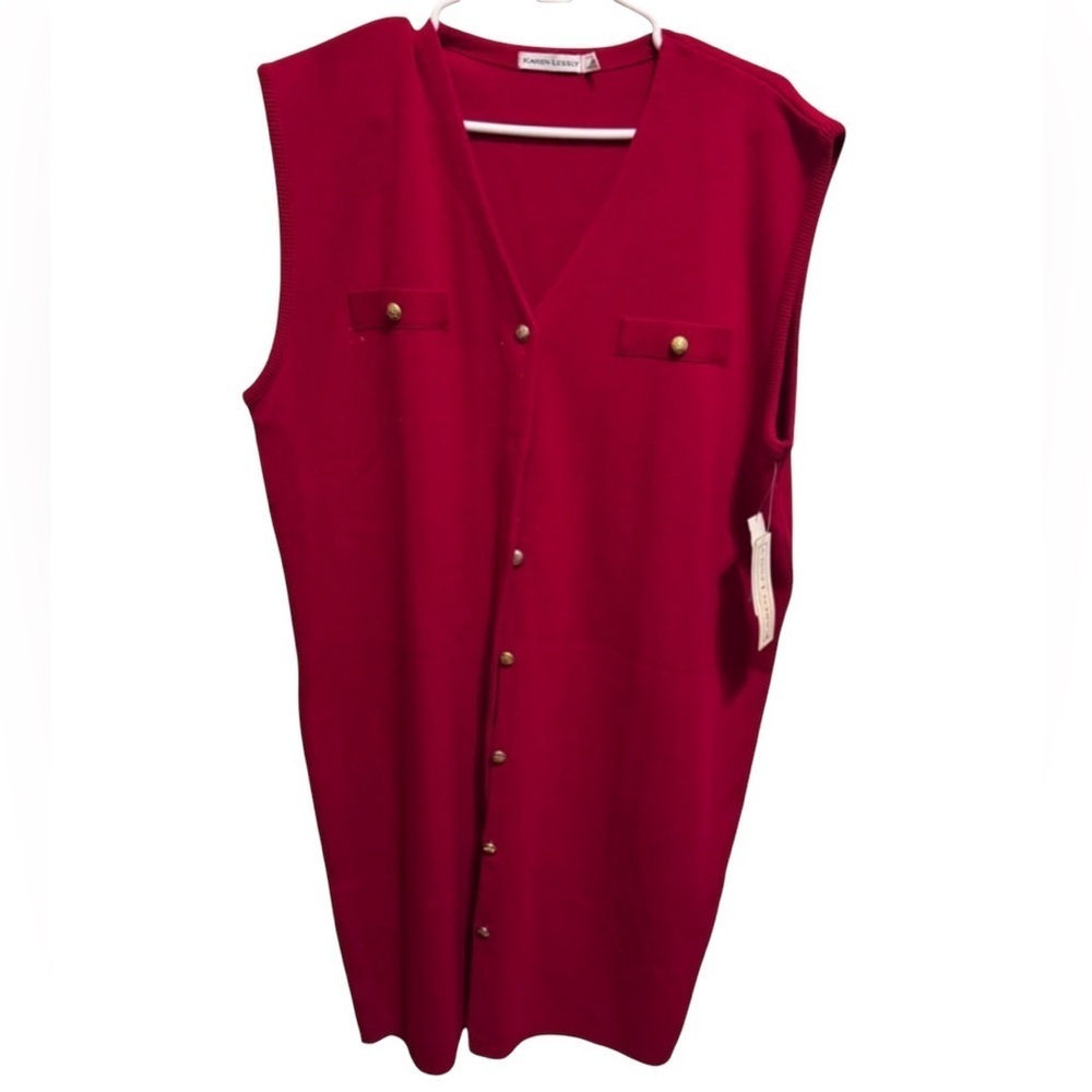 Karen Lessly Vintage Red Sleeveless V-Neck Gold Buttons Sweater Dress Plus Sz 2X